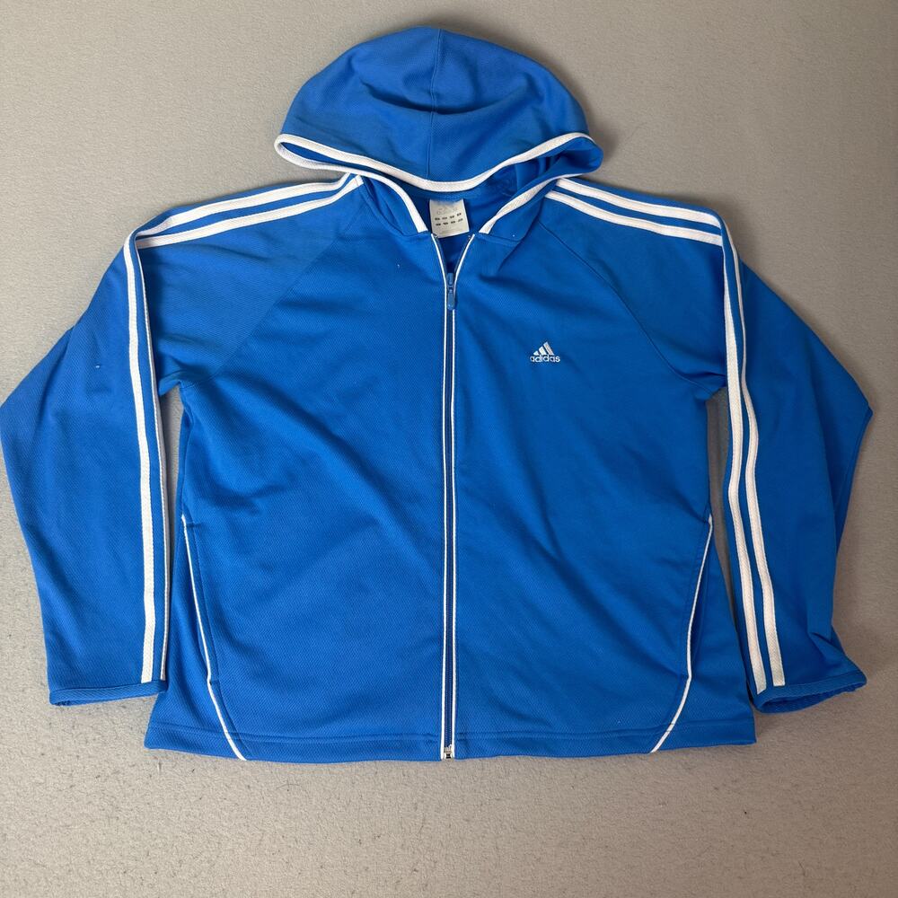Vintage 2004 Adidas Women's 3 Stripe Full Zip Hoodie Track Jacket Blue Size 14